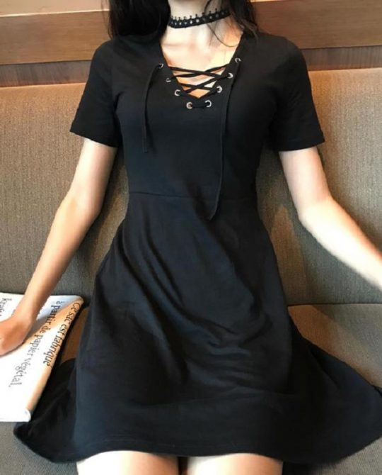 Gothic Short Sleeve V-Neck Mini Dress