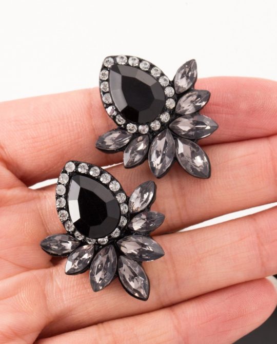 Rhinestone Glass Black Resin Sweet Metal with Gems Ear Stud Earrings