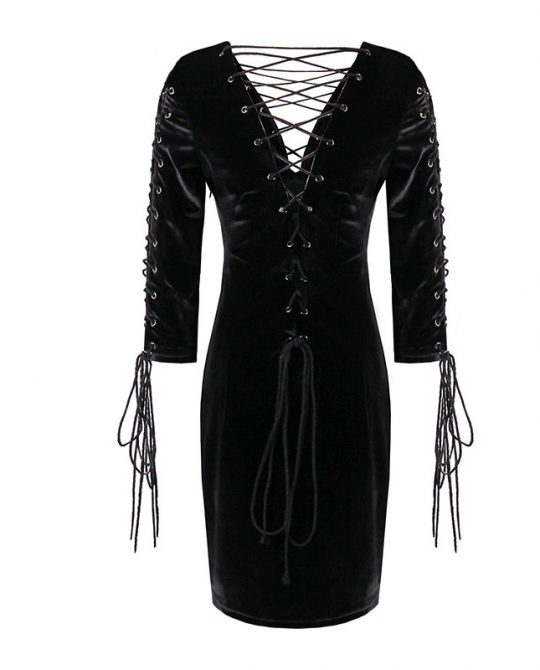 Velvet V Neck Lace Up Dress