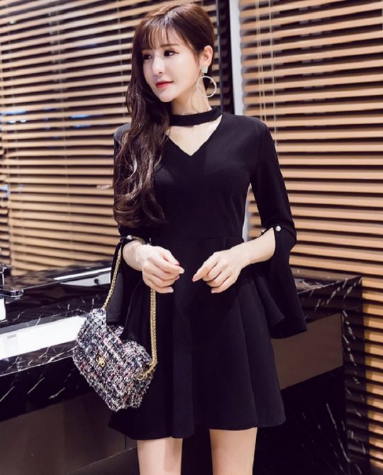 Sexy V Neck Short Elegant Long Sleeve Hollow Party Dress