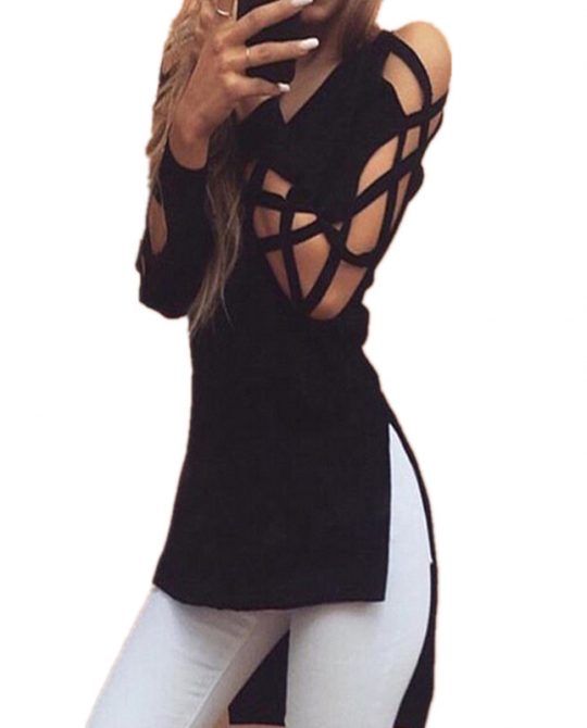 V-Neck Long Sleeve Casual Split Tees Top