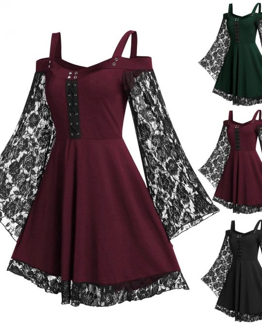 Gothic Steampunk Lace Flared Sleeve Mini Dress