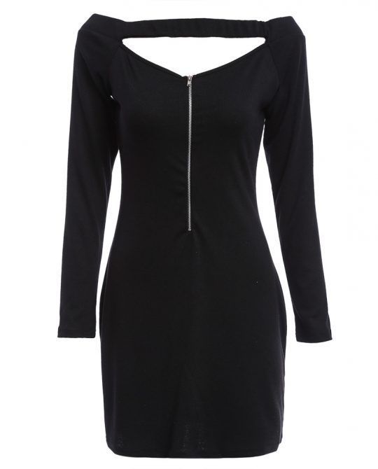 Gothic Long Sleeve Pure Zipper Mini Dress