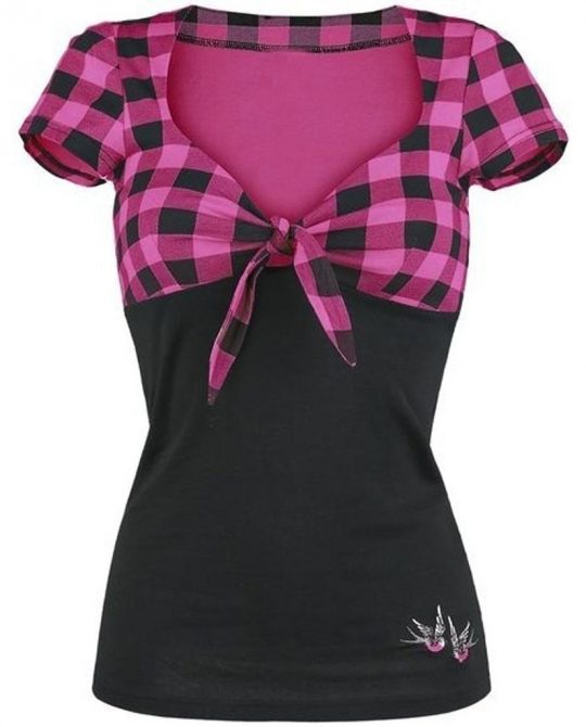 Camisetas V-Neck Plaid Short-Sleeved Top