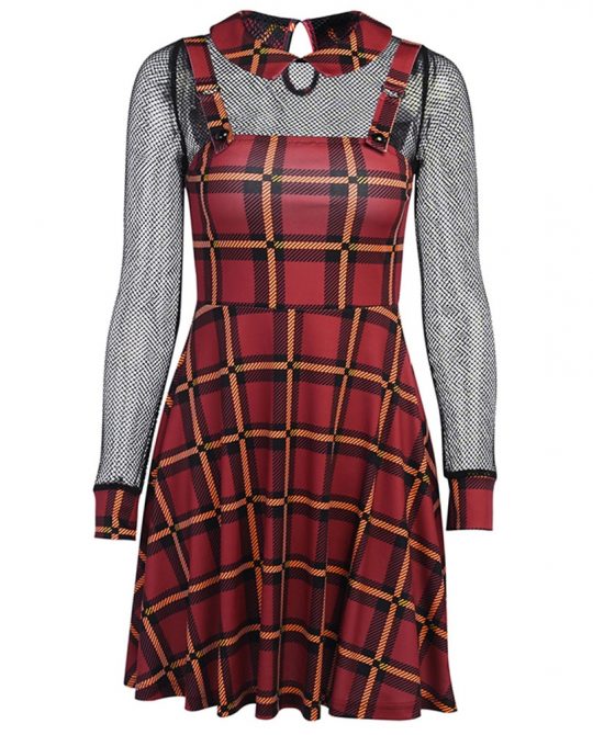 Gothic Plaid Long Sleeve Mesh Dress