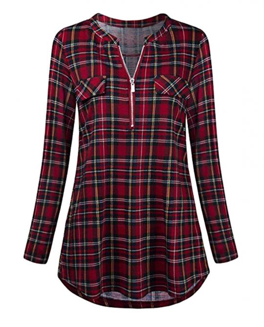 Casual Zipped V-Neck Plaid Top