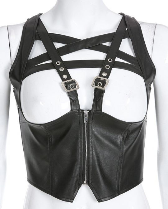 PU Leather Pentagram Hollow Tank Top