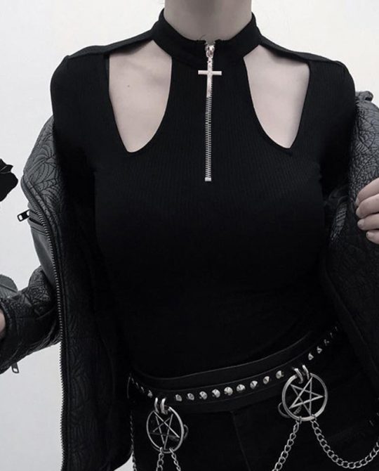Gothic Cross Zipper Hollow Punk Top