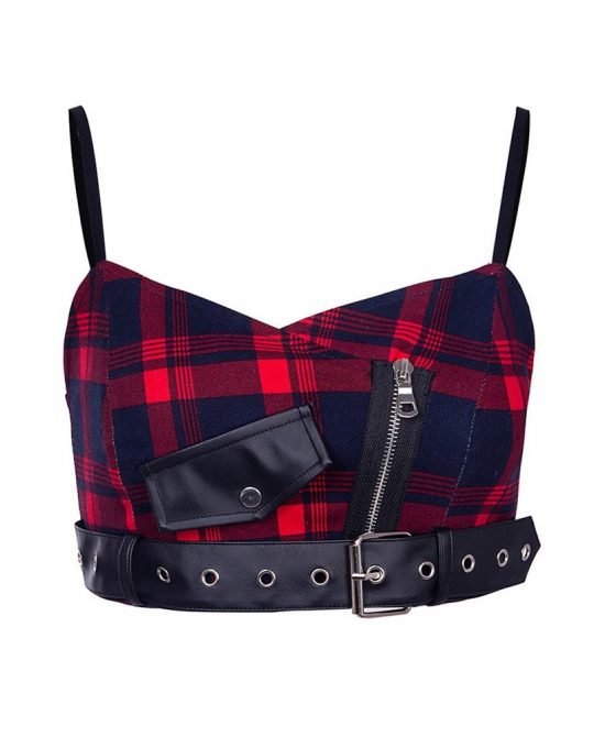 Gothic Red Plaid Zipper Crop Top