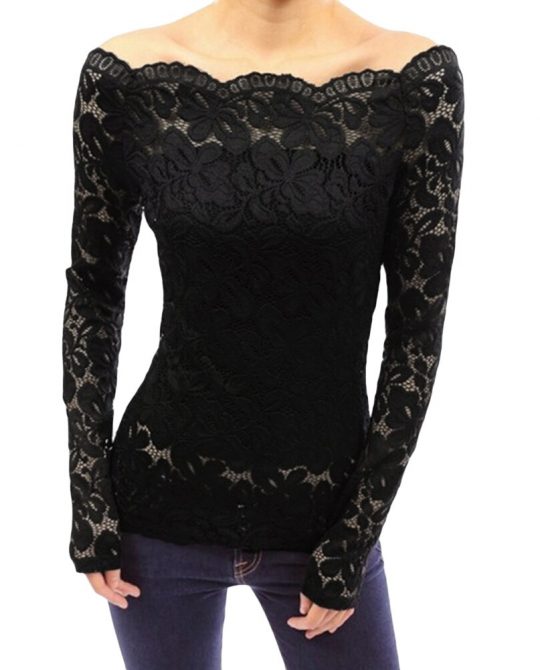 Spring Sexy Slash Neck Lace Blouse