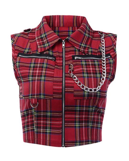 Summer Gothic Zipper Chain Plaid Top