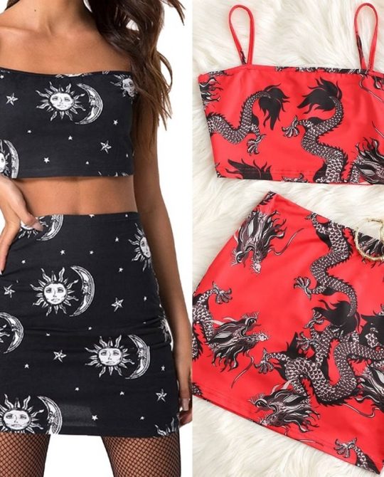 Two Piece Dragon Crop Top & Mini Skirt