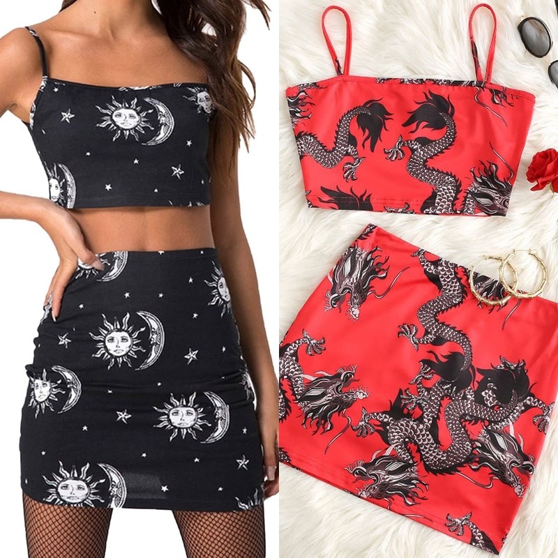 Two Piece Dragon Crop Top & Mini Skirt
