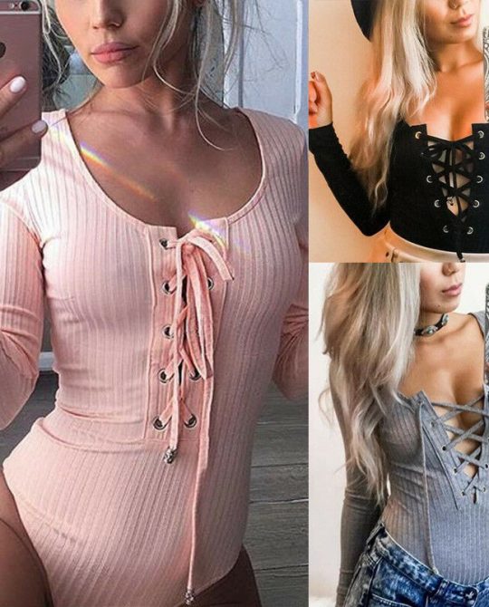 Bandage Bodycon V Neck Long Sleeve Jumpsuit