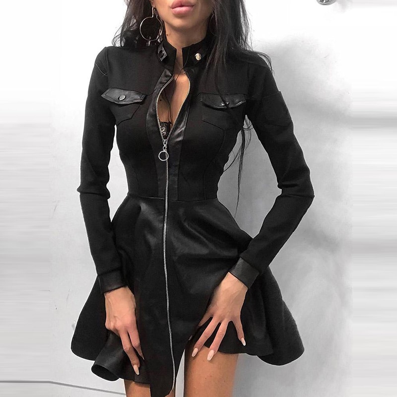 Gothic Stand Collar Zipper Dress - Image 2