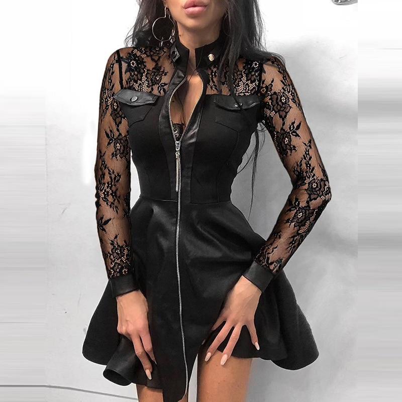 Gothic Stand Collar Zipper Dress