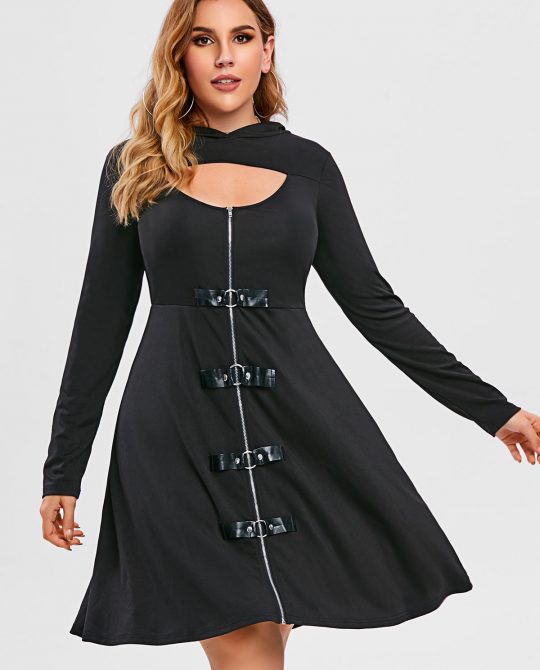 Gothic Black Zippered Hooded Dress