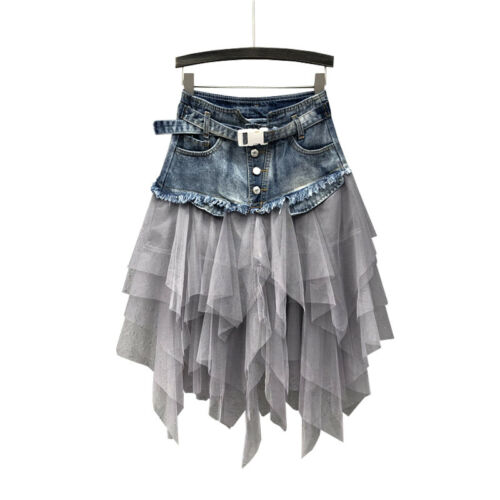 Gothic Denim Mesh Splice Skirt - Image 4
