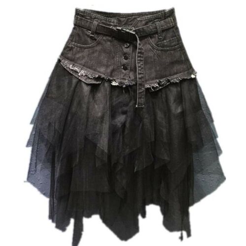 Gothic Denim Mesh Splice Skirt
