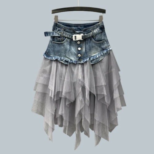 Gothic Denim Mesh Splice Skirt - Image 3
