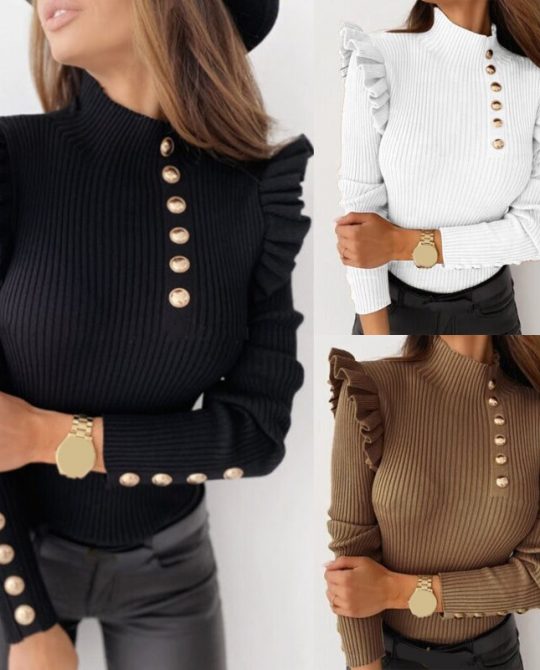 Long Sleeve Rib Blouse Button Jumper