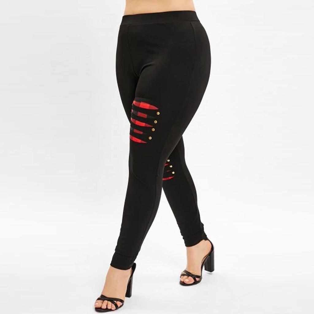 Plus Size Plaid Beading Ripped Casual Leggings - Image 4