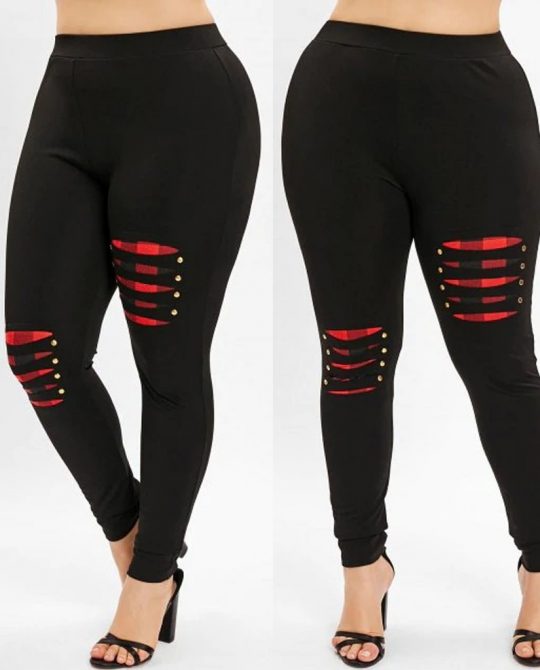 Plus Size Plaid Beading Ripped Casual Leggings