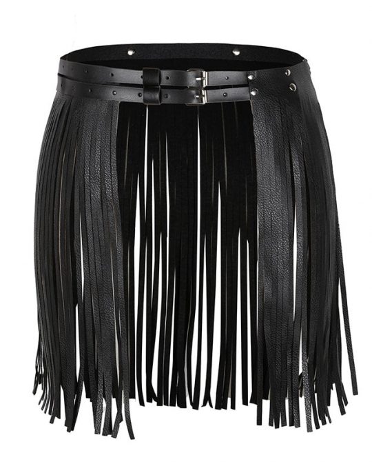 Adjustable Faux Leather Waistband Fringe Tassel Skirt