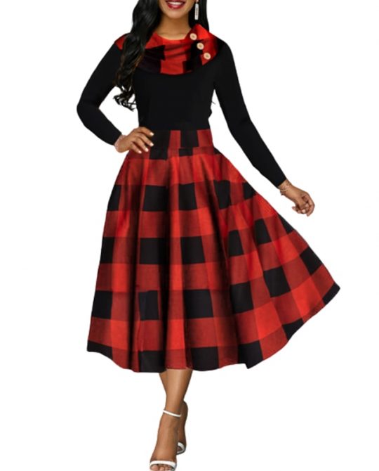 Vintage Plaid Mid Long Ball Gown Dress