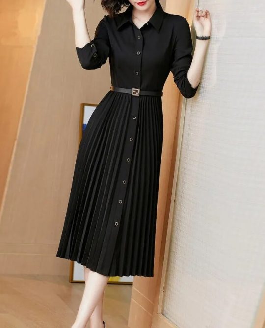 Black Pleated Vintage Chiffon Dress