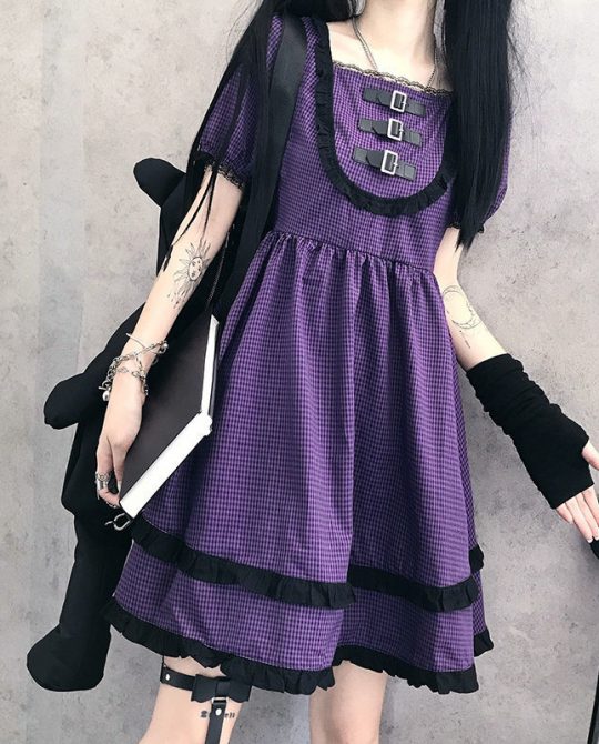 Gothic Japanese Harajuku Purple Plaid Dress