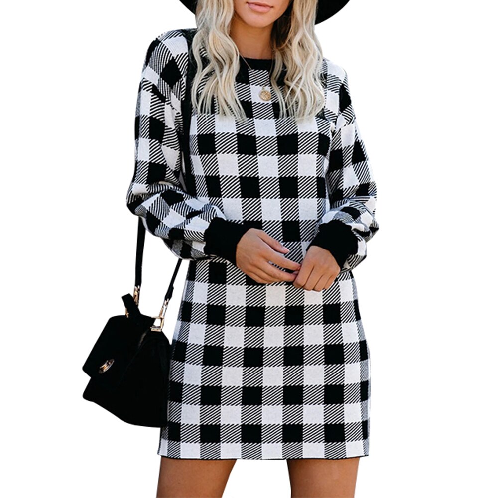 Plaid Knitted Long Sleeve Dress - Image 4