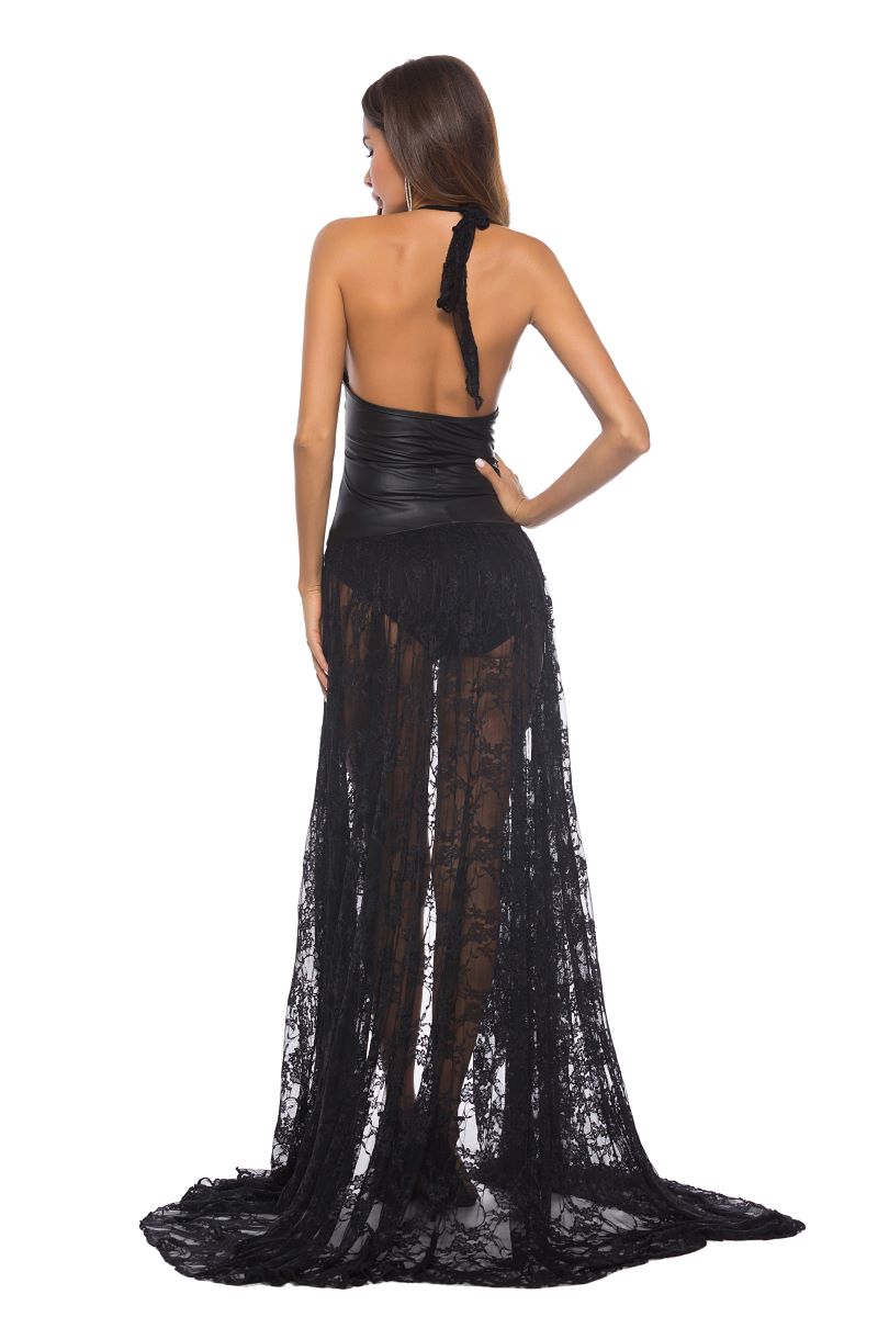 Backless Faux Leather Lace Cloth Dress - Image 4