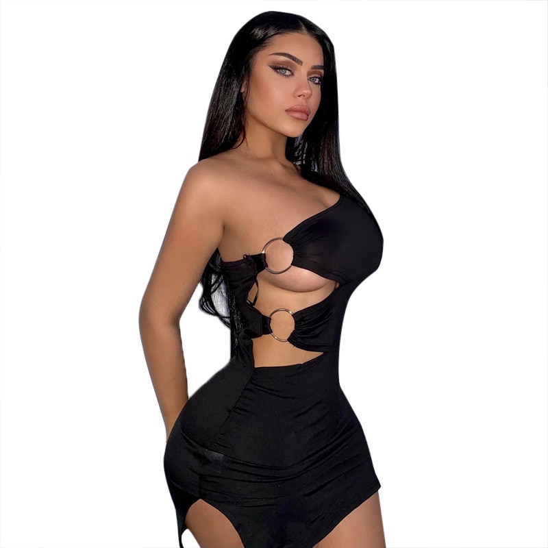 Gothic Ruched Elegant Out One Shoulder Mini Dress - Image 5