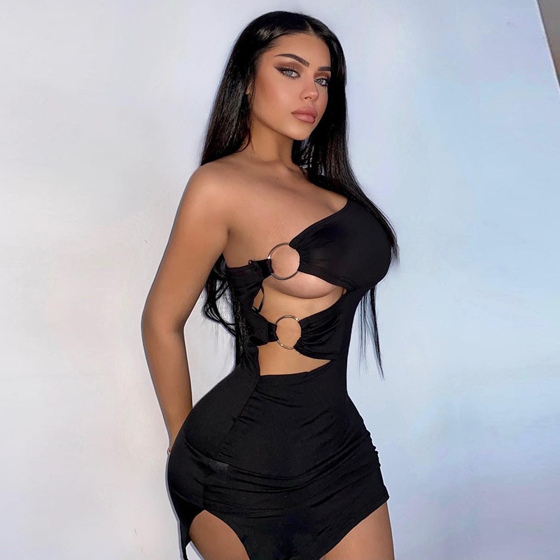 Gothic Ruched Elegant Out One Shoulder Mini Dress