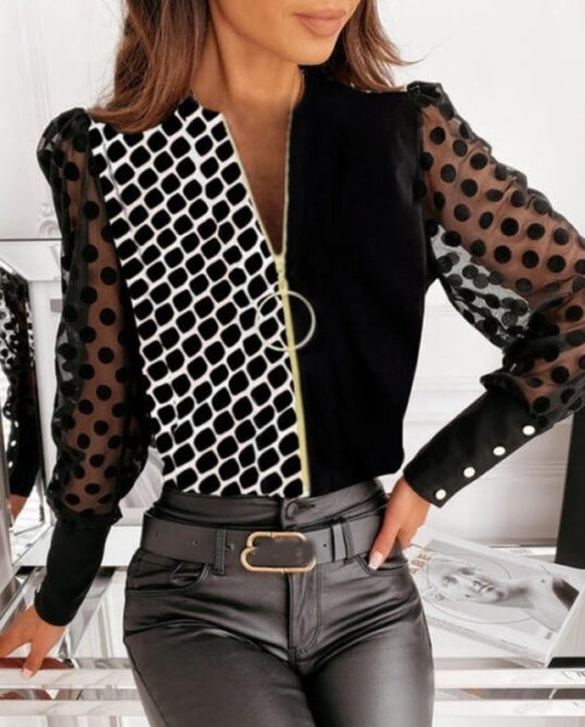 Elegant Lace Zipper Patchwork Blouse Top