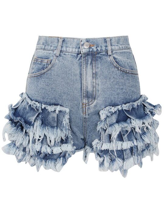 Casual Ruffles Blue High Waist Shorts
