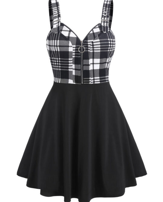 Gothic Plaid Sleeveless Half Zip Dress