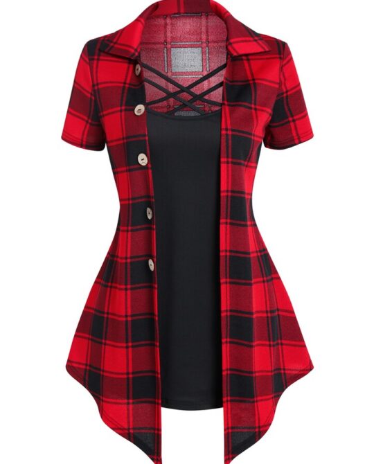 Gothic Crisscross Plaid Button Casual 2 in 1 Top