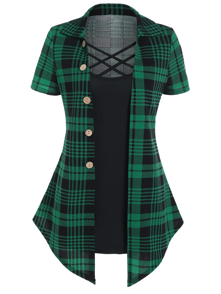 Gothic Crisscross Plaid Button Casual 2 in 1 Top - Image 6