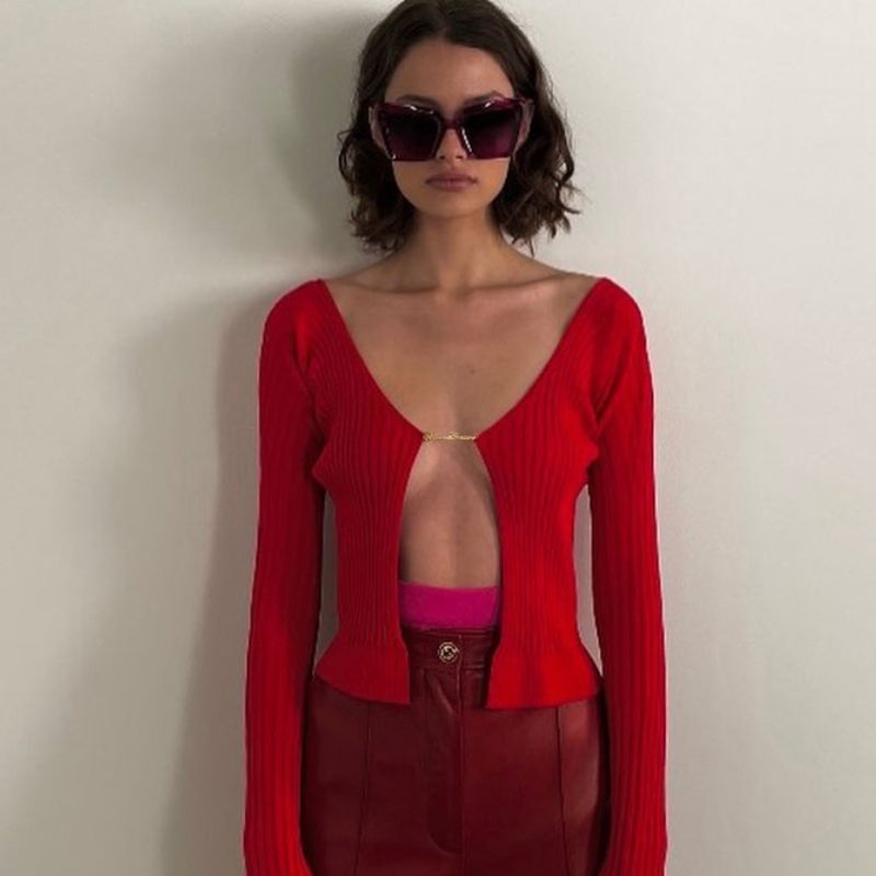 Long Sleeve Metal Chain Open Front Crop Top - Image 3