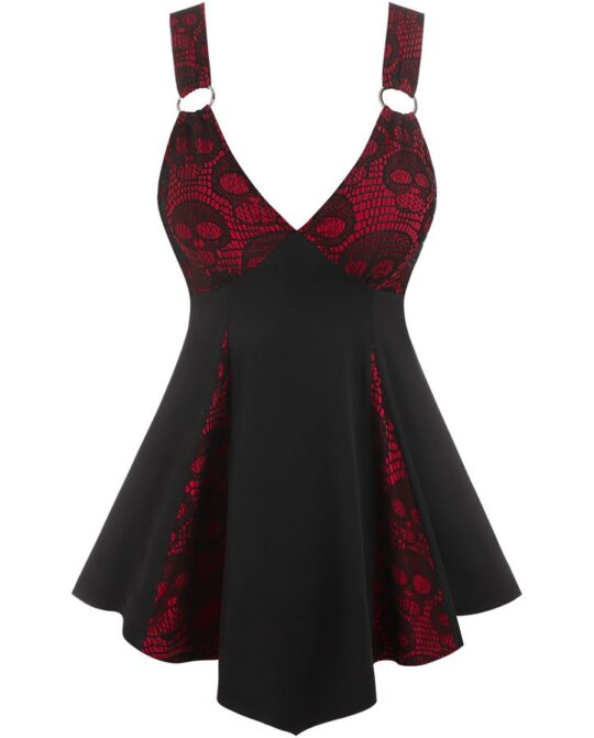 Plunging V Neck Skull Lace Skirted Tank Top