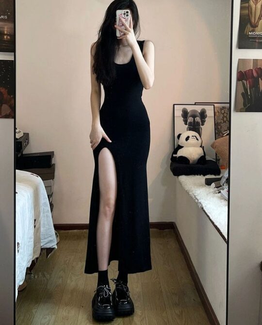 Sleeveless Strap Side Slit Irregular Maxi Korean Dress