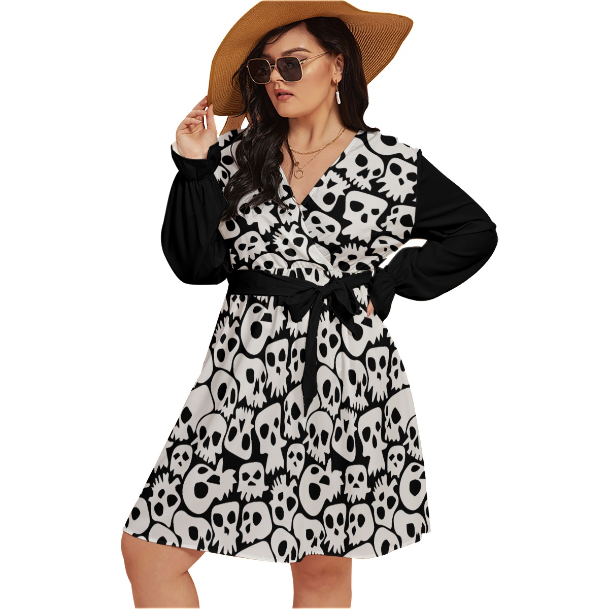 Skull V-Neck Dress With Waistband
