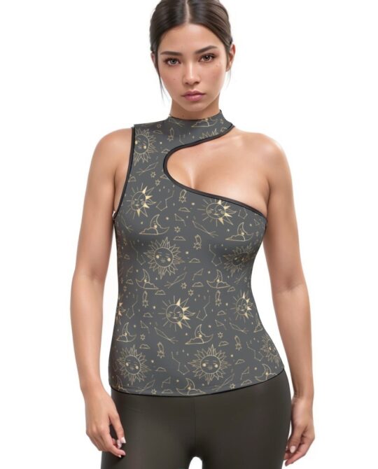 Golden Sunshine Moon Halter Sleeveless Asymmetrical Tank Top