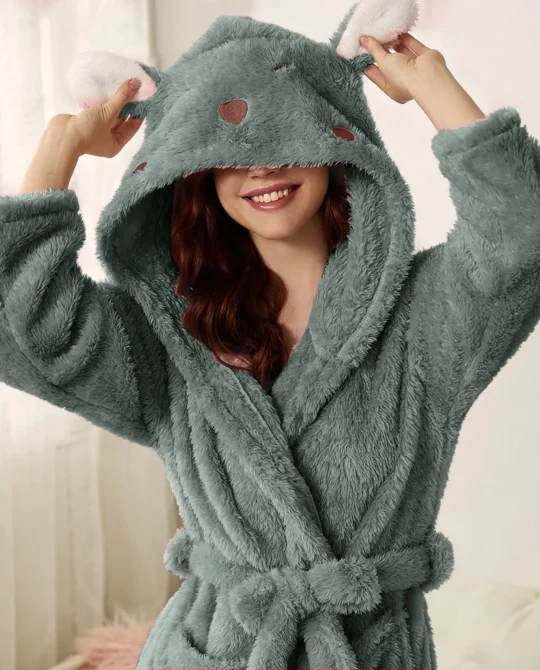Cute Ear Hooded Warm Plush Fleece Gown Velvet Sleepwear