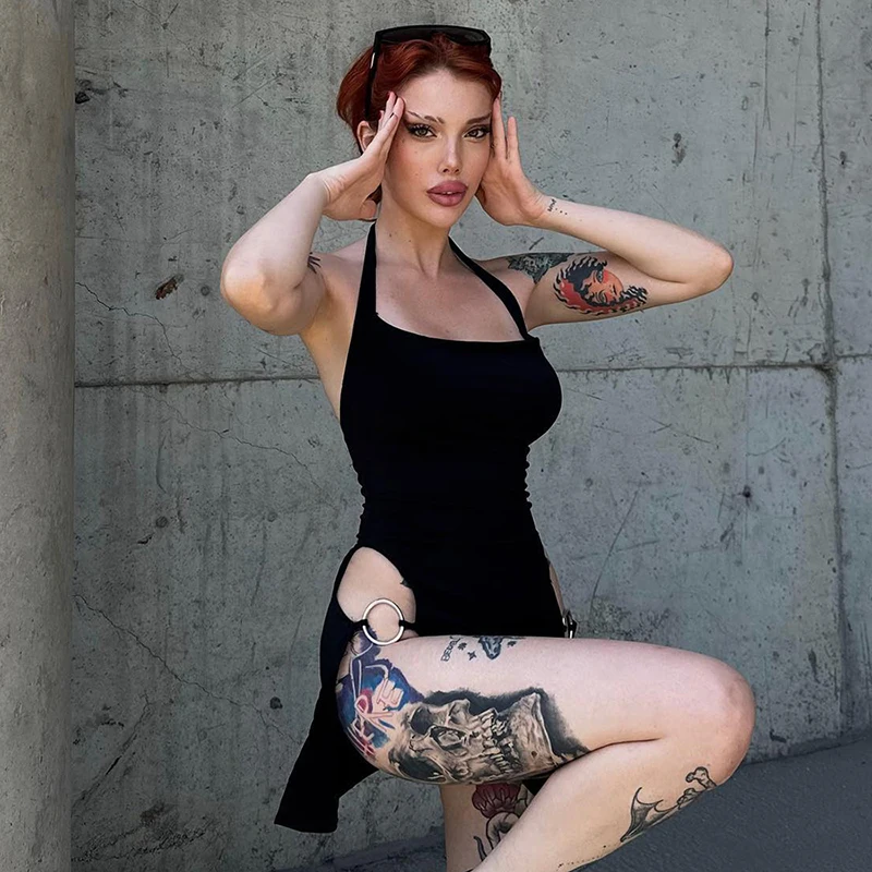 Gothic Halter Metal Circle Mini Dress - Image 3