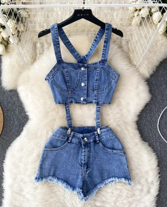 Sexy Denim Button Backless Mini Tank Tops+Straps Super Shorts
