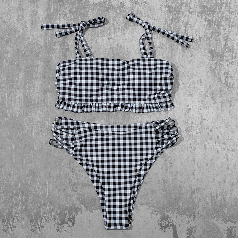 Cross Hollow Plaid Bikini Swimsuit - Image 7