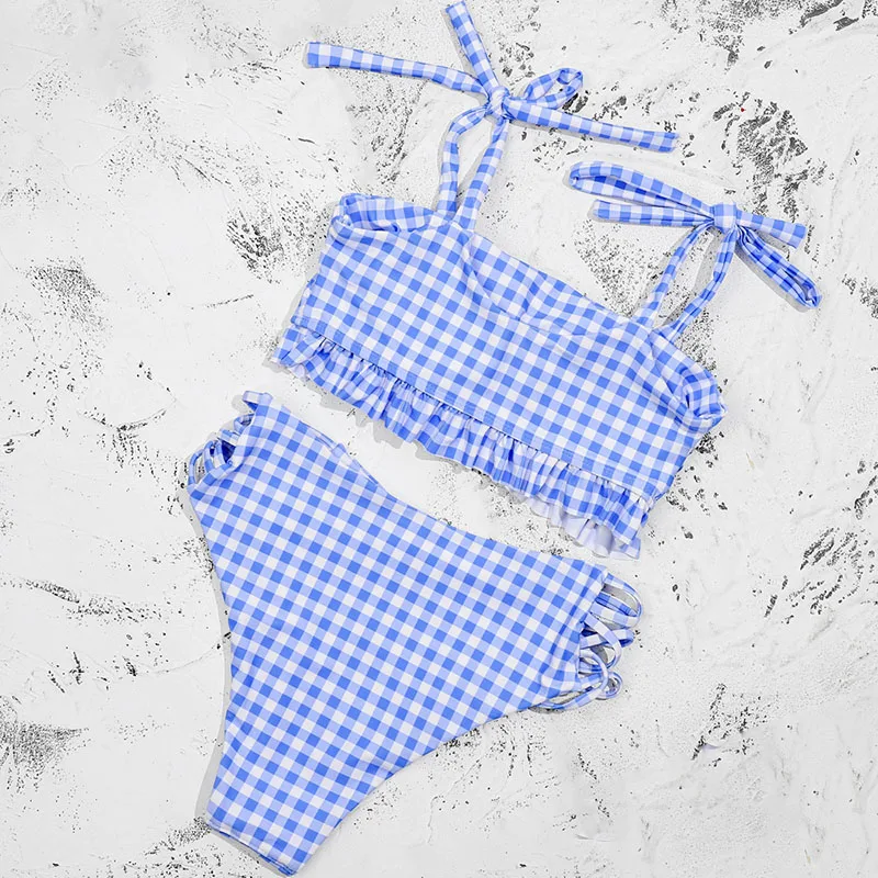 Cross Hollow Plaid Bikini Swimsuit - Image 3